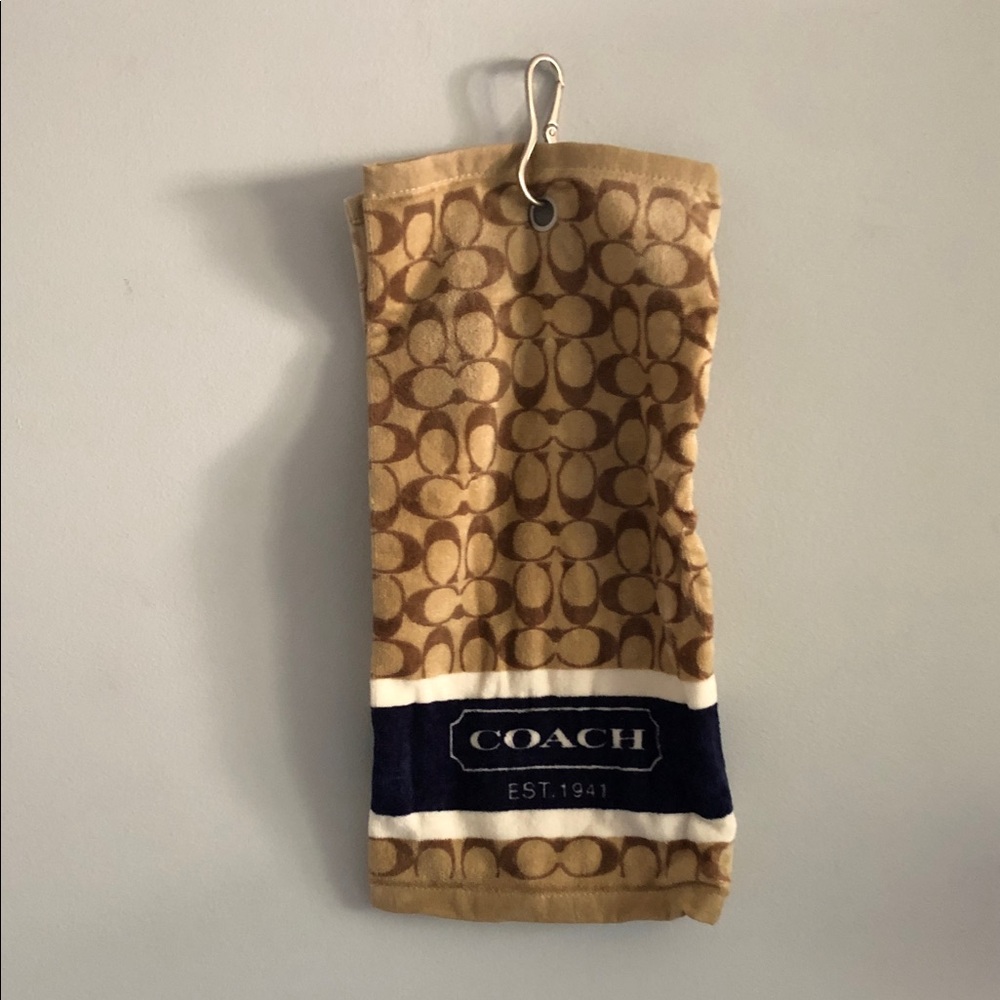 Coach Tan Signature Monogram Hanging Golf Bag Towel with Navy Accent